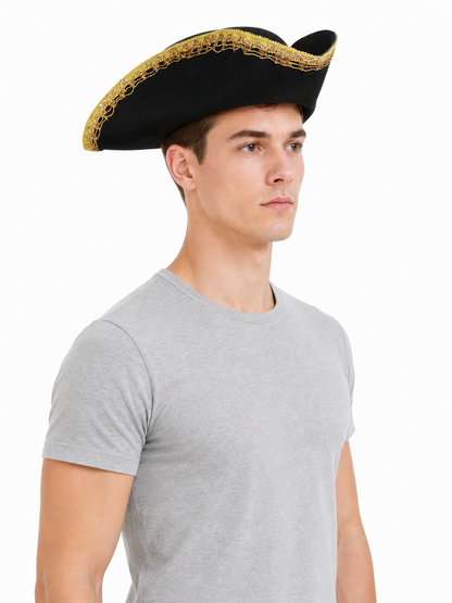 Black and Gold Trim Pirate Hat, Wide Curved Tricorn Costume Headpiece with Structured Crown for Cosplay, Costume Parties and Themed Events