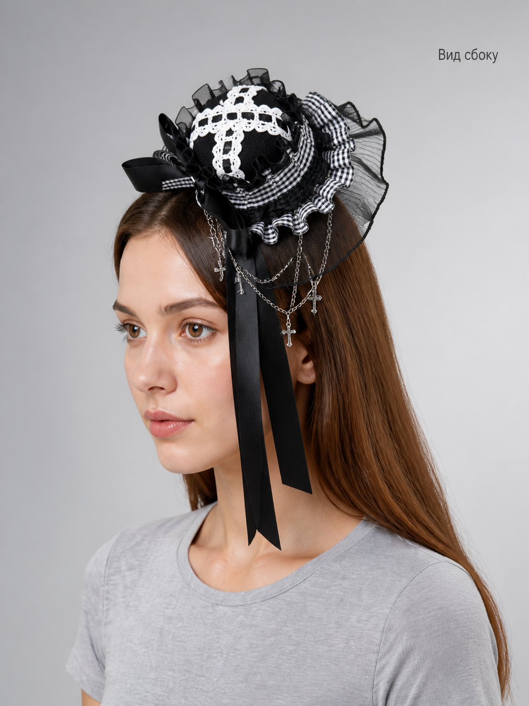 Gothic Carnival Top Hat with Bow and Ruffles for Cosplay side view
