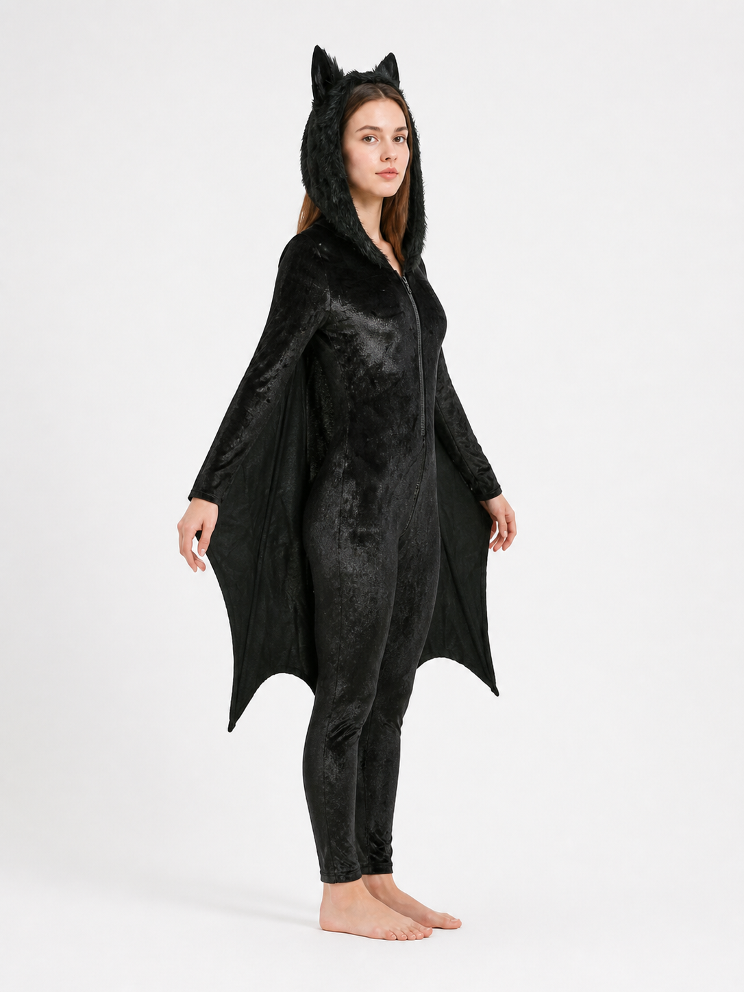 Bat jumpsuit with a hood and wings side view