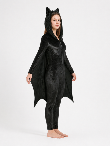 Bat jumpsuit with a hood and wings side view