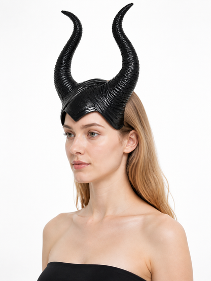 1pc Black Horn Headpiece with Striped Texture, Symmetrical Curved Horns side view