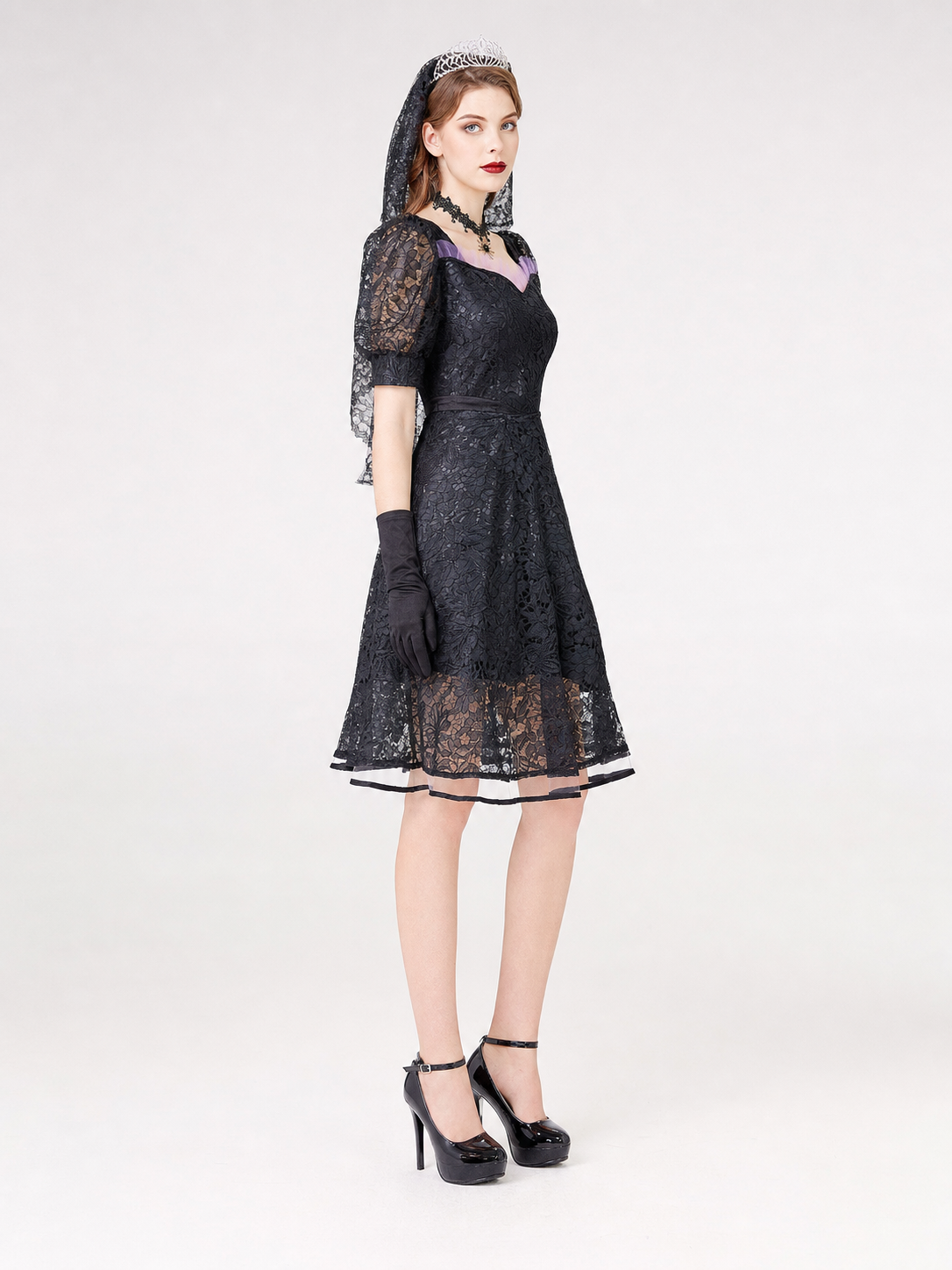 Gothic Lace Dress with a Square Neckline side view