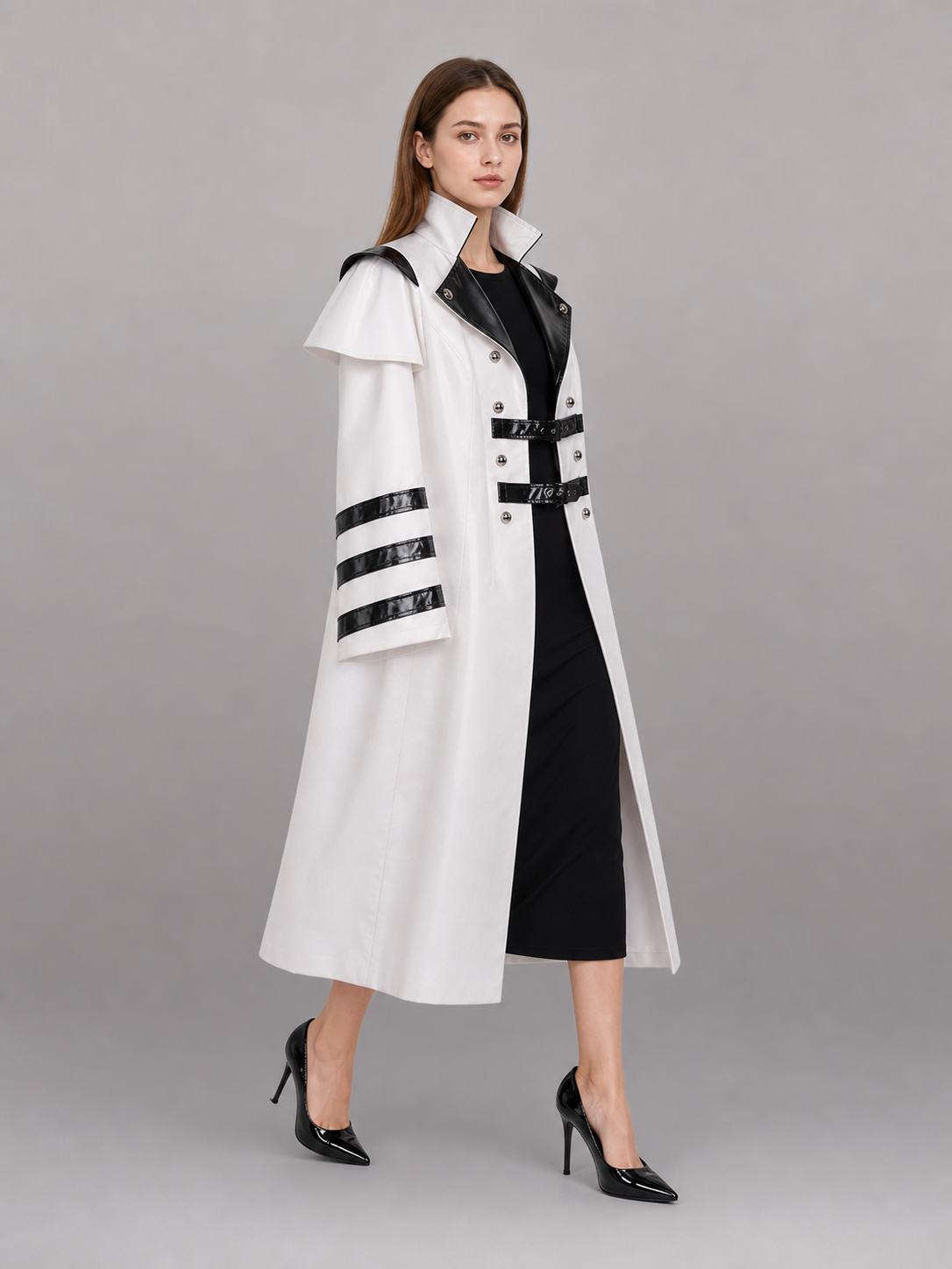 White carnival cape with black lapels