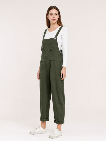 Straight-Leg Dark Green Bib Pants with Straps and Pockets