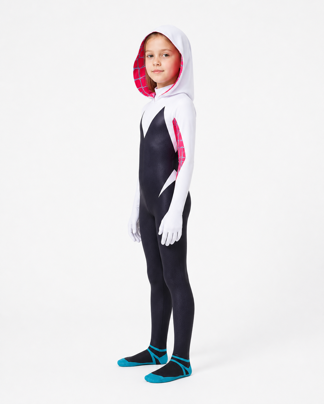 Hooded superhero jumpsuit in red, white, and black side view
