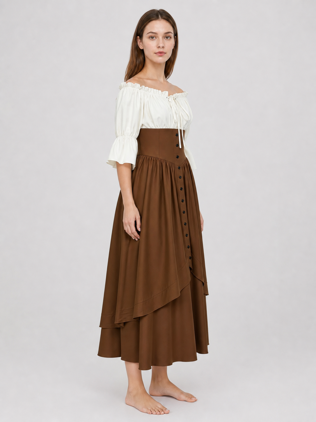 Brown Medieval-Style Dress with Ruffles