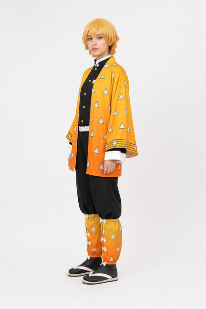 Zenitsu Cosplay Costume with Wig and Orange Pattern side view