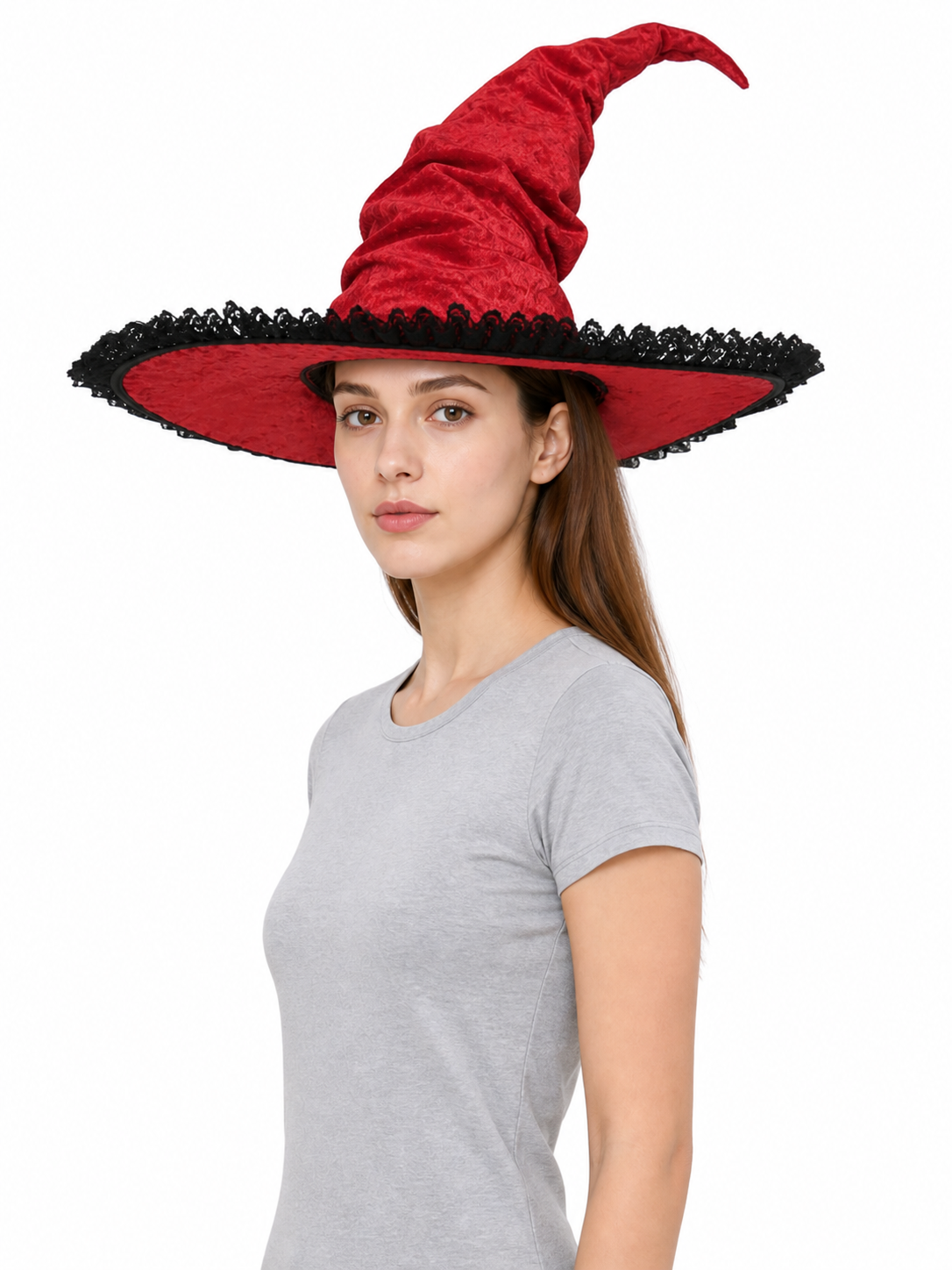 Red and Black Wide Brim Witch Hat, Tall Curved Pointed Top with Black Lace Trim