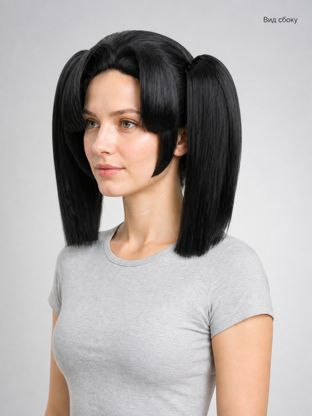 Black short anime wig with two ponytails for cosplay side view
