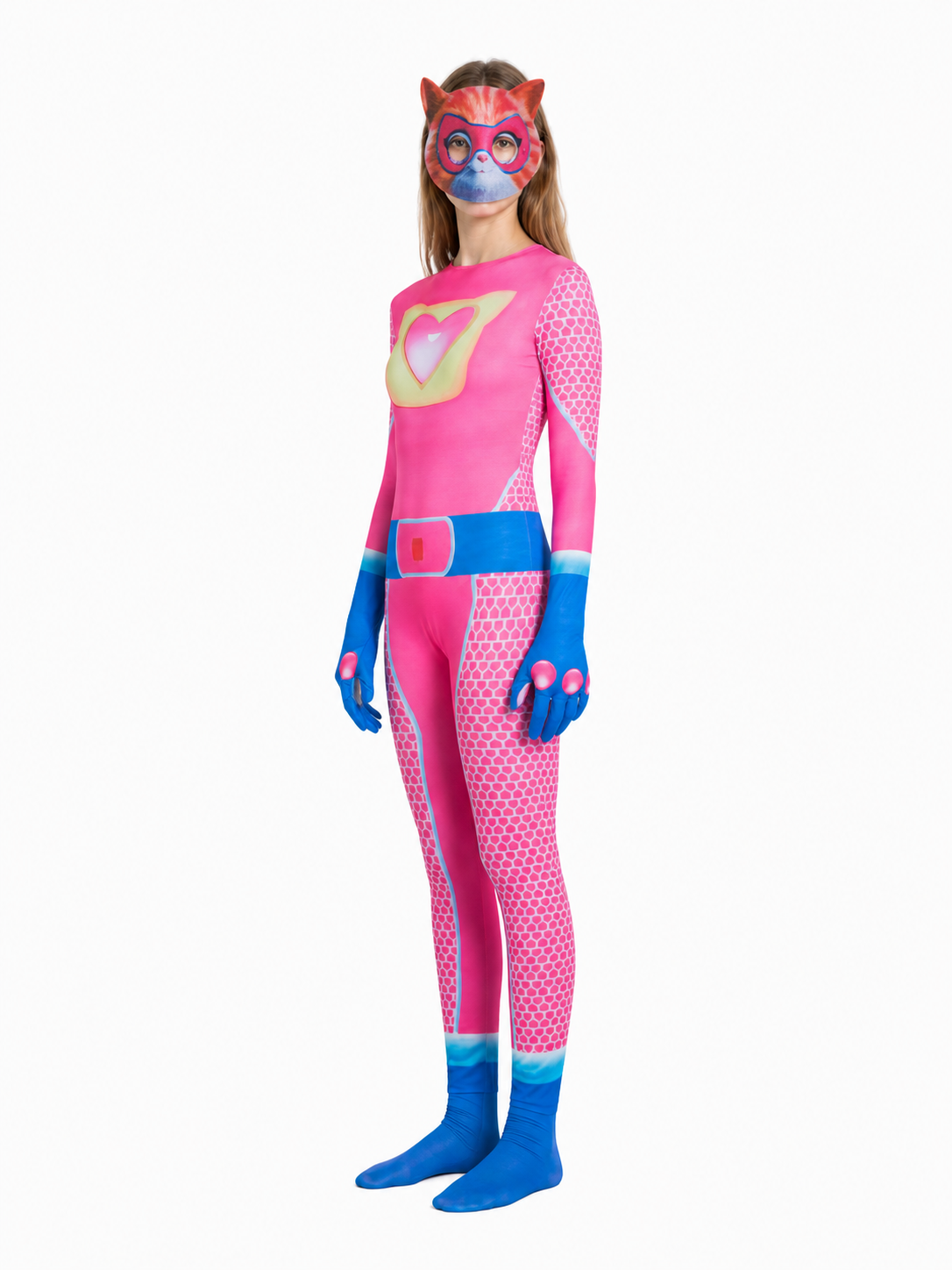 SuperKitties Pink Costume Jumpsuit with Mask side view