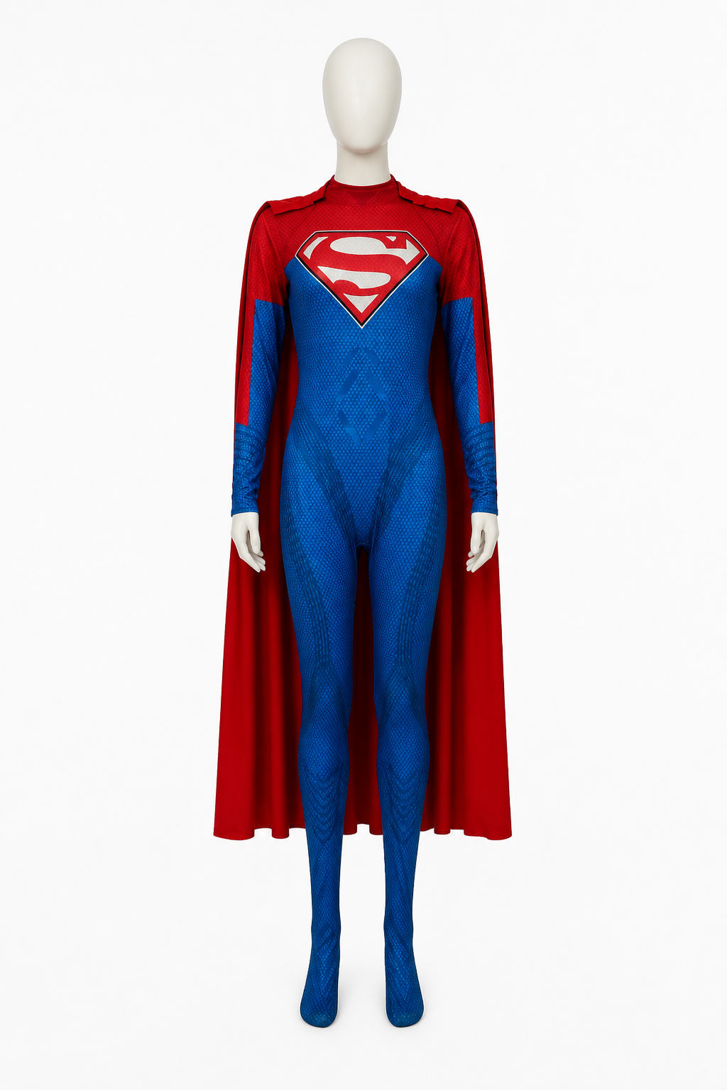Red and Blue Cosplay Jumpsuit with Cape side view