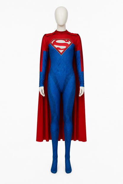 Red and Blue Cosplay Jumpsuit with Cape side view