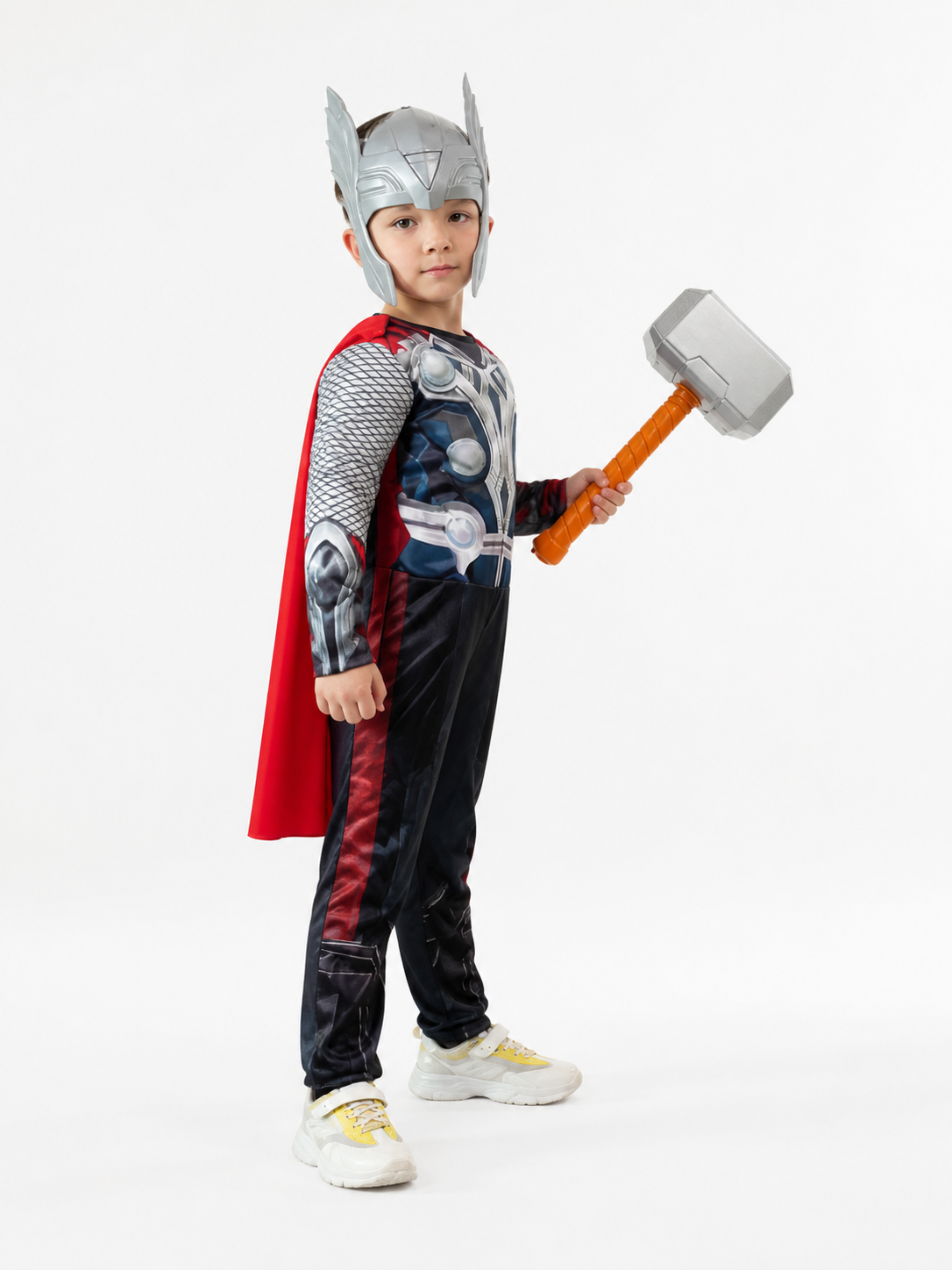Thor Halloween Carnival Jumpsuit Costume with Hammer side view