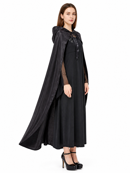 Costume: Black Hooded Cape and Dress side view