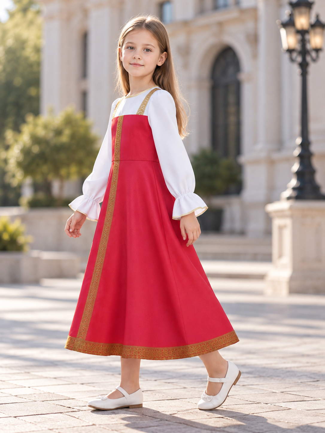 Red Folk Costume Dress for Cosplay with Gold-Tone Trim side view