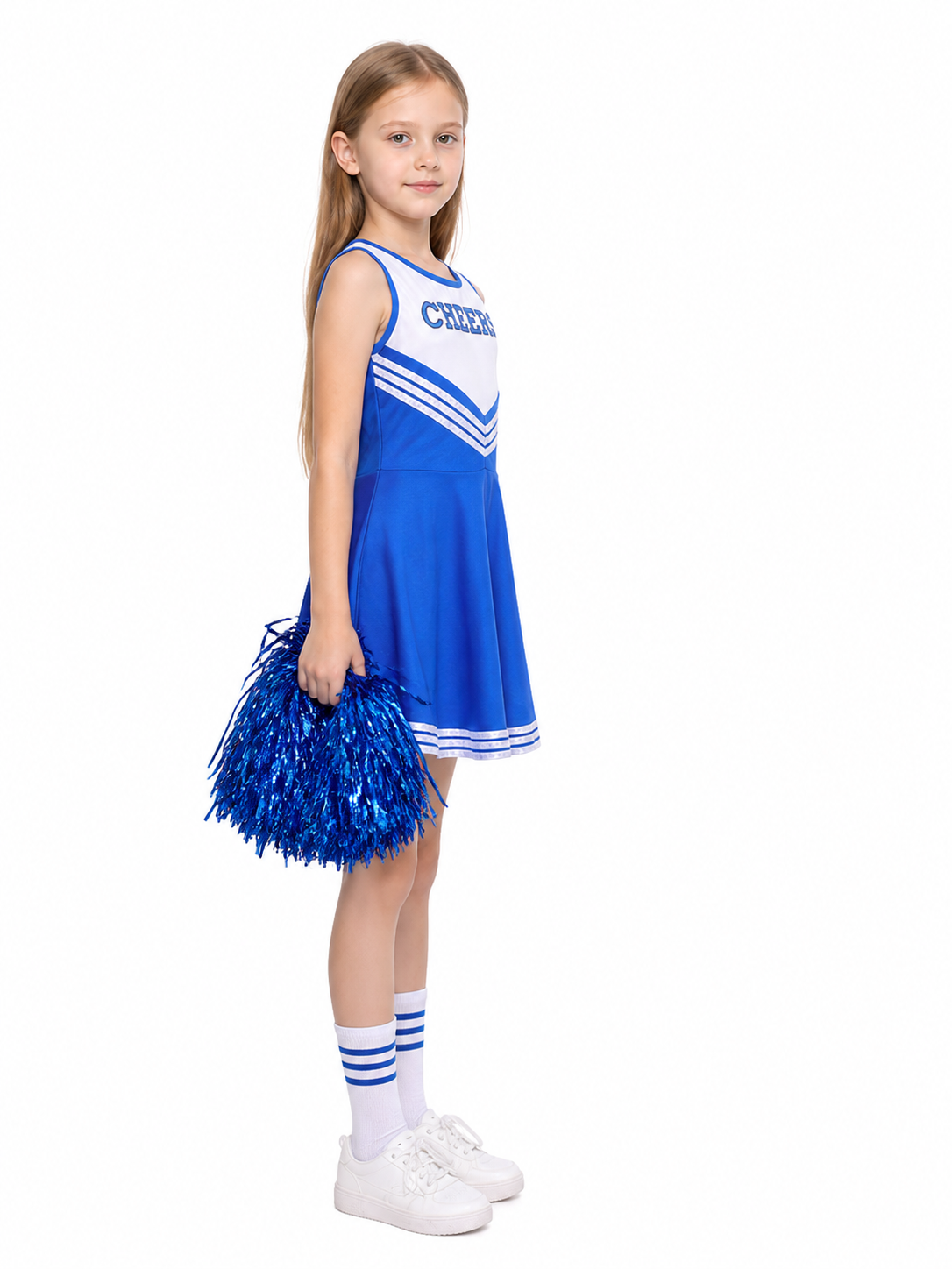 Children's CHEERS Cheerleading Dress, Blue and White, Sleeveless side view