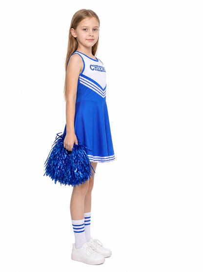 Children's CHEERS Cheerleading Dress, Blue and White, Sleeveless side view