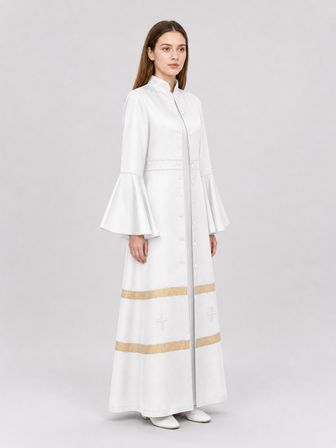 Long clergy robe with collar, buttons, and trim side view 2
