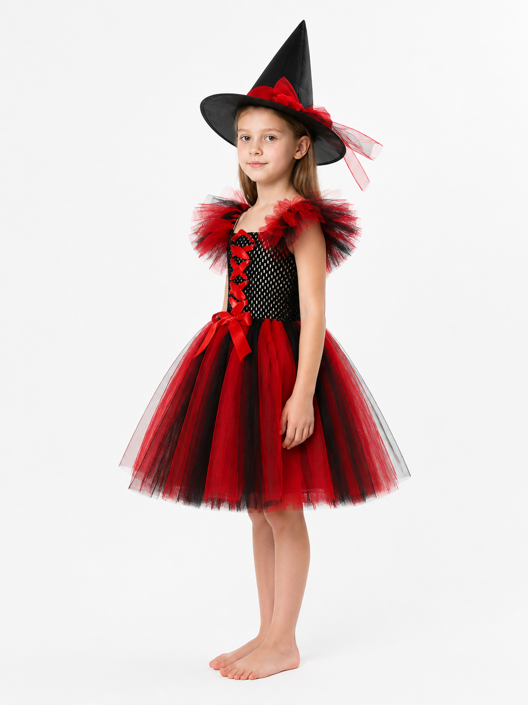 Red and Black Witch Costume with Hat and Full Skirt side view