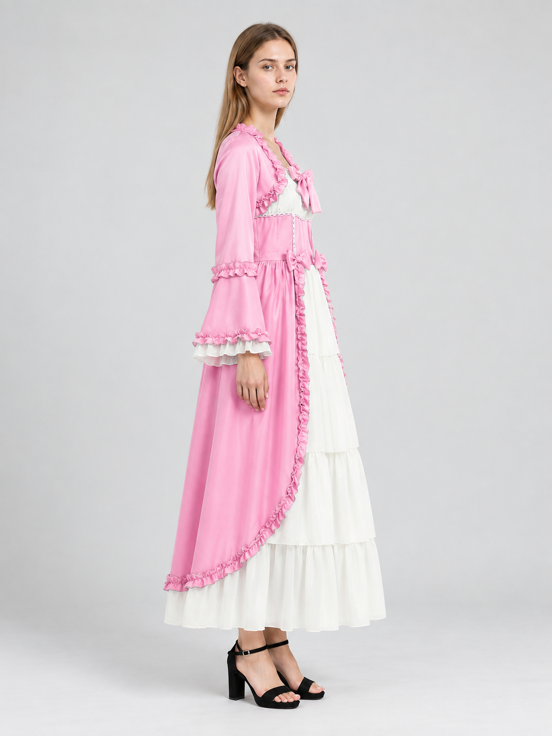 Long Dress with Bows, Ruffles, and a White Tiered Skirt side view
