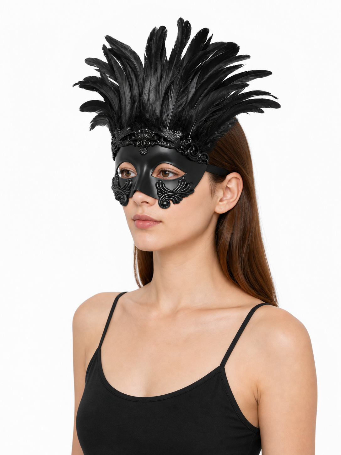 Baroque-Style Carnival Mask with Black Feathers side view