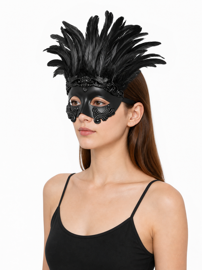 Baroque-Style Carnival Mask with Black Feathers side view