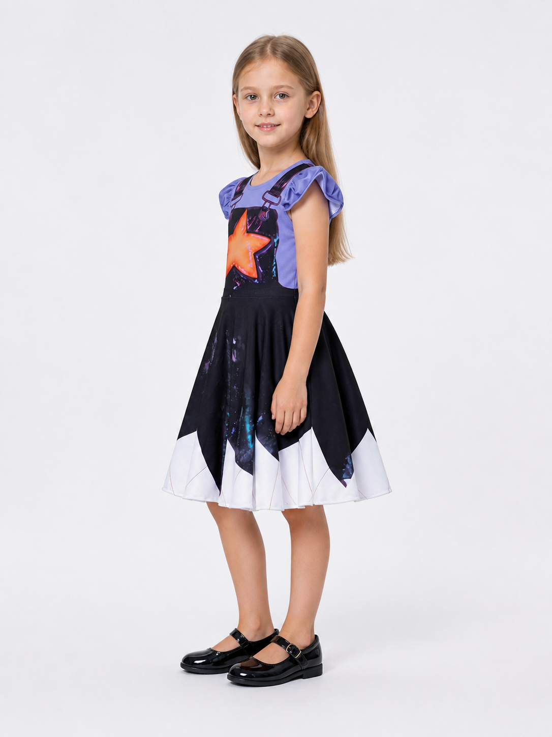 Children's Dress with an Orange Star and Puff Sleeves side view