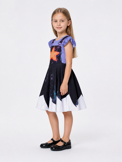Children's Dress with an Orange Star and Puff Sleeves side view