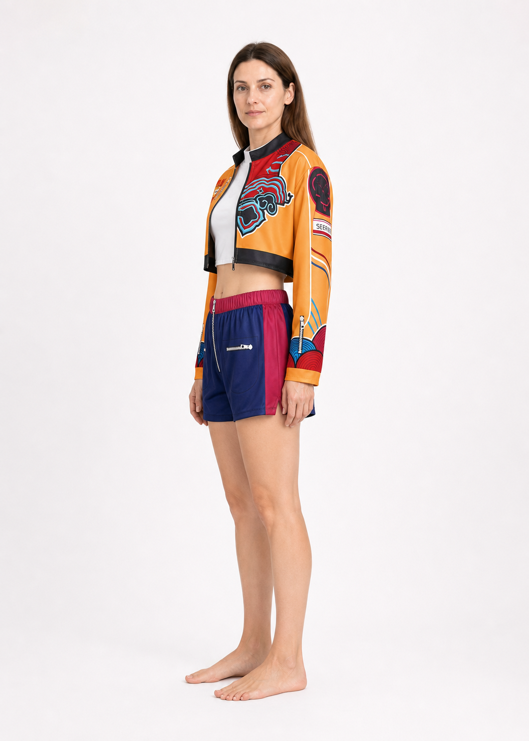 Cosplay Costume with Orange Jacket and White Top side view
