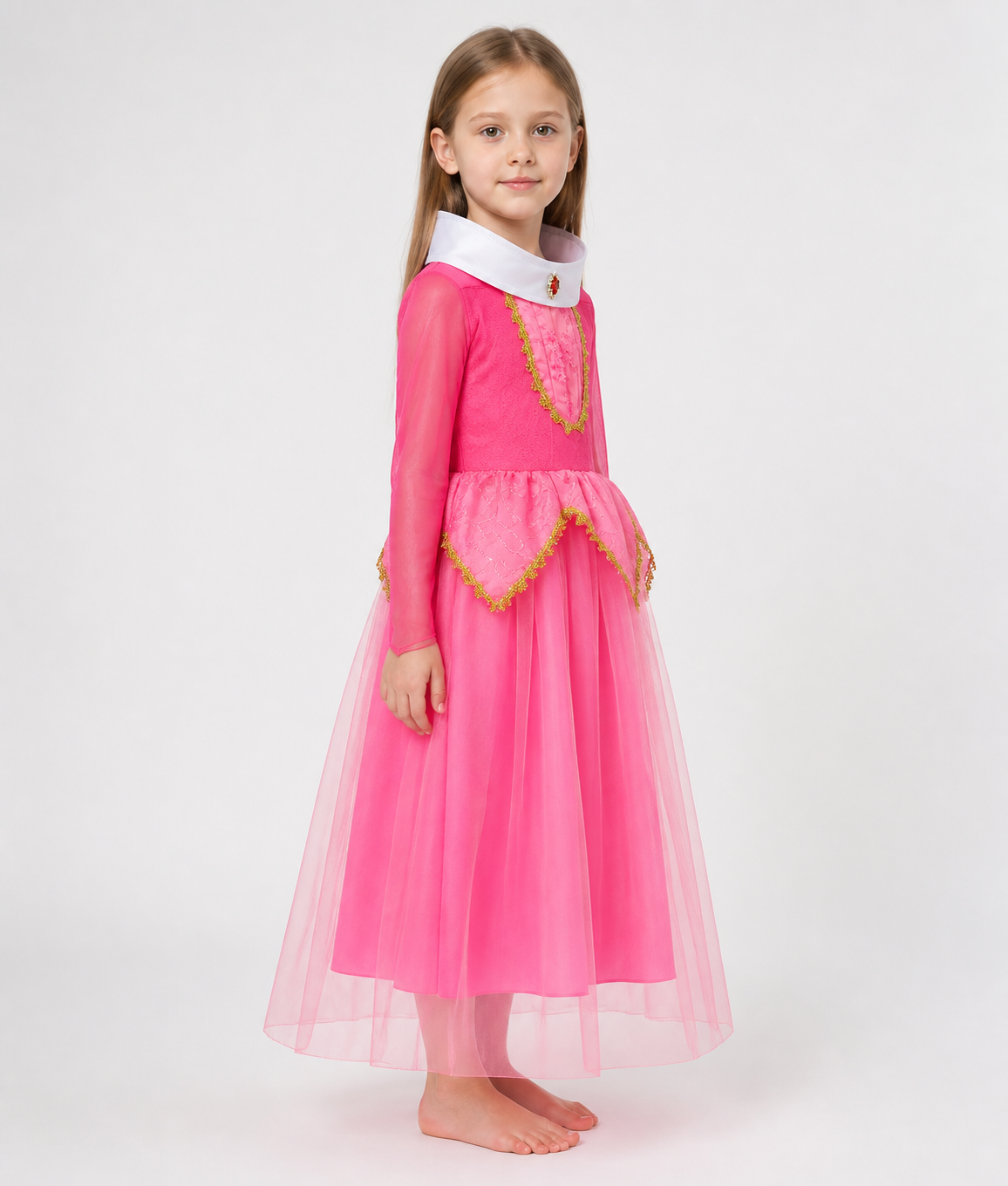 Long, full princess dress with gold trim side view