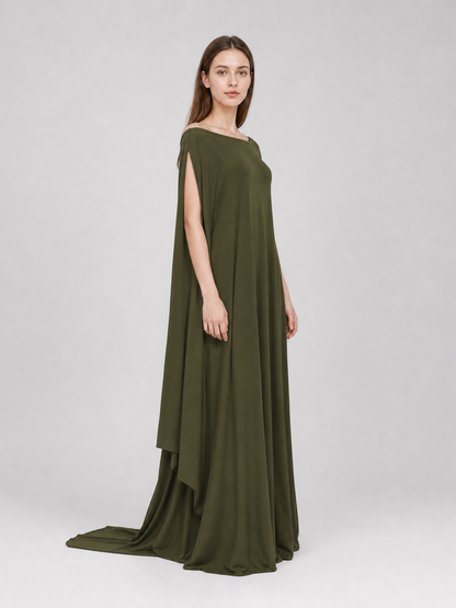 Fantasy-Style Dress with a Draped Skirt and Train