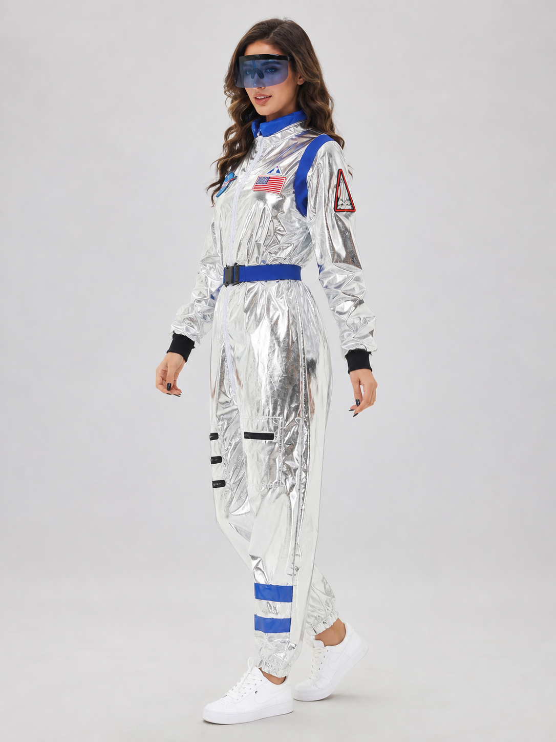 Silver and blue one-piece astronaut costume for cosplay side view