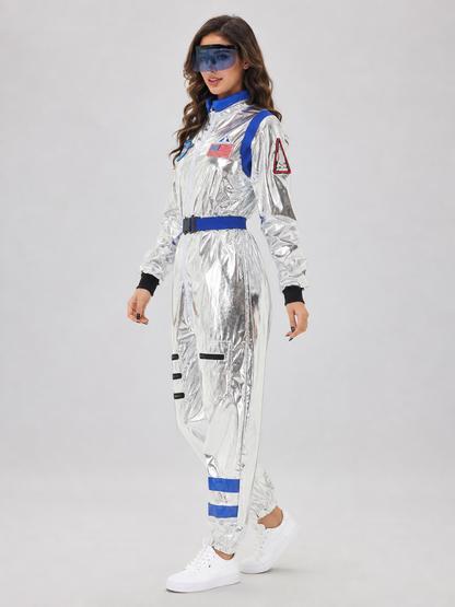 Silver and blue one-piece astronaut costume for cosplay side view