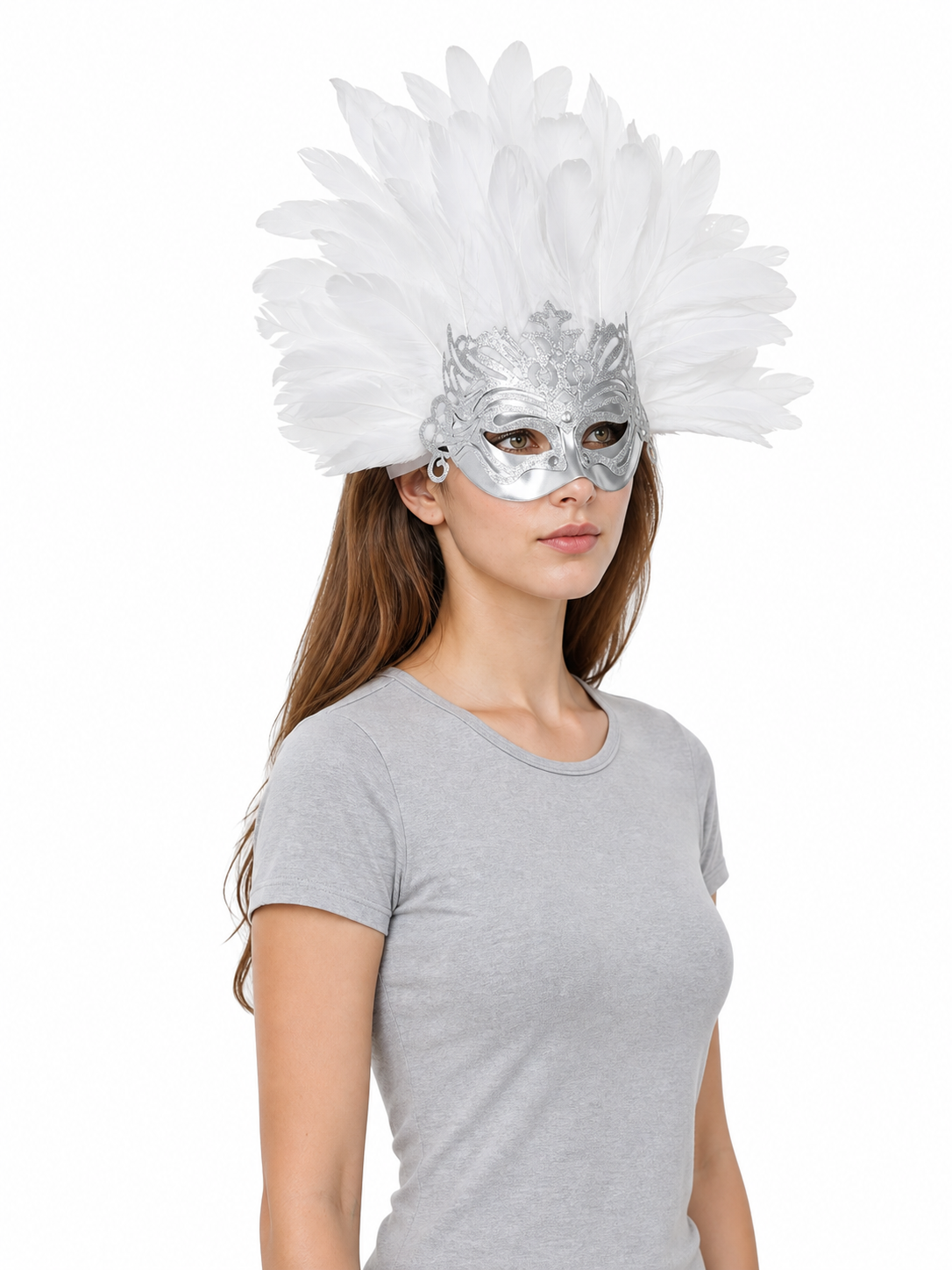 Mask with a white feather headdress and silver decoration