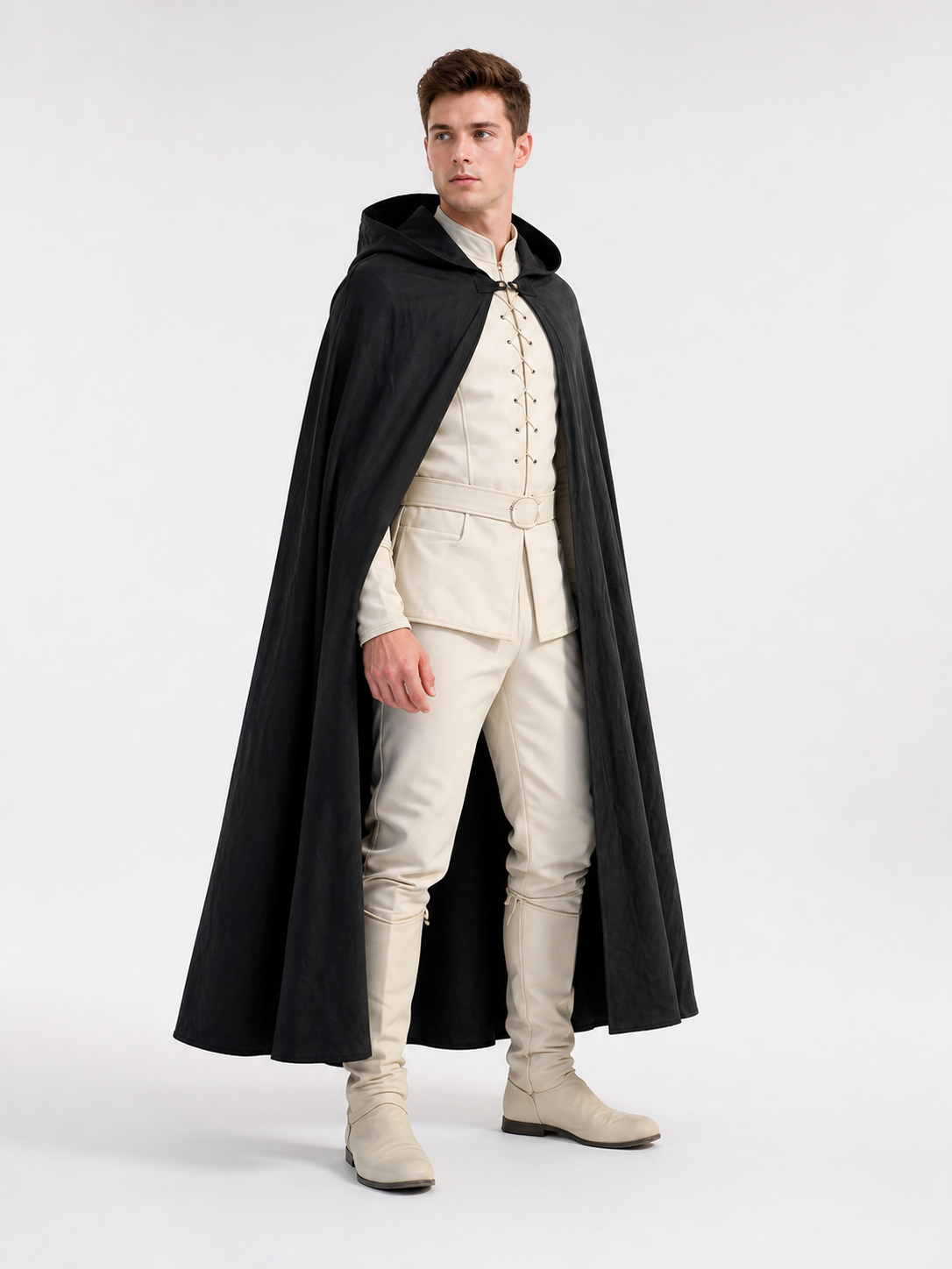 Black Long Hooded Cotton-Linen Cloak side view