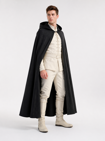 Black Long Hooded Cotton-Linen Cloak side view