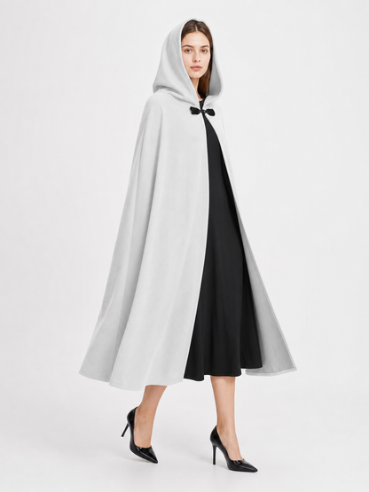 Medieval White Velvet Hooded Long Cloak Cape with Black Bow Tie Front Flared Hem side view 2