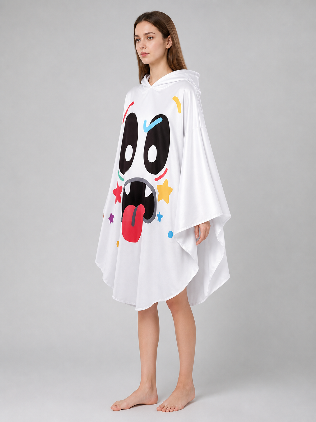 Halloween Ghost Costume Hooded Poncho with Cartoon Face Graphic, Wide Draped Sleeves and Multicolor Details for Costume Parties