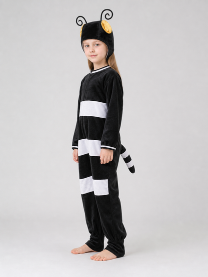 One-piece insect costume in a playful style, intended for dress-up, costume parties, themed events, and Halloween. The design is a jumpsuit with long sleeves, a black body, and wide white horizontal stripes. A black headpiece with curled an