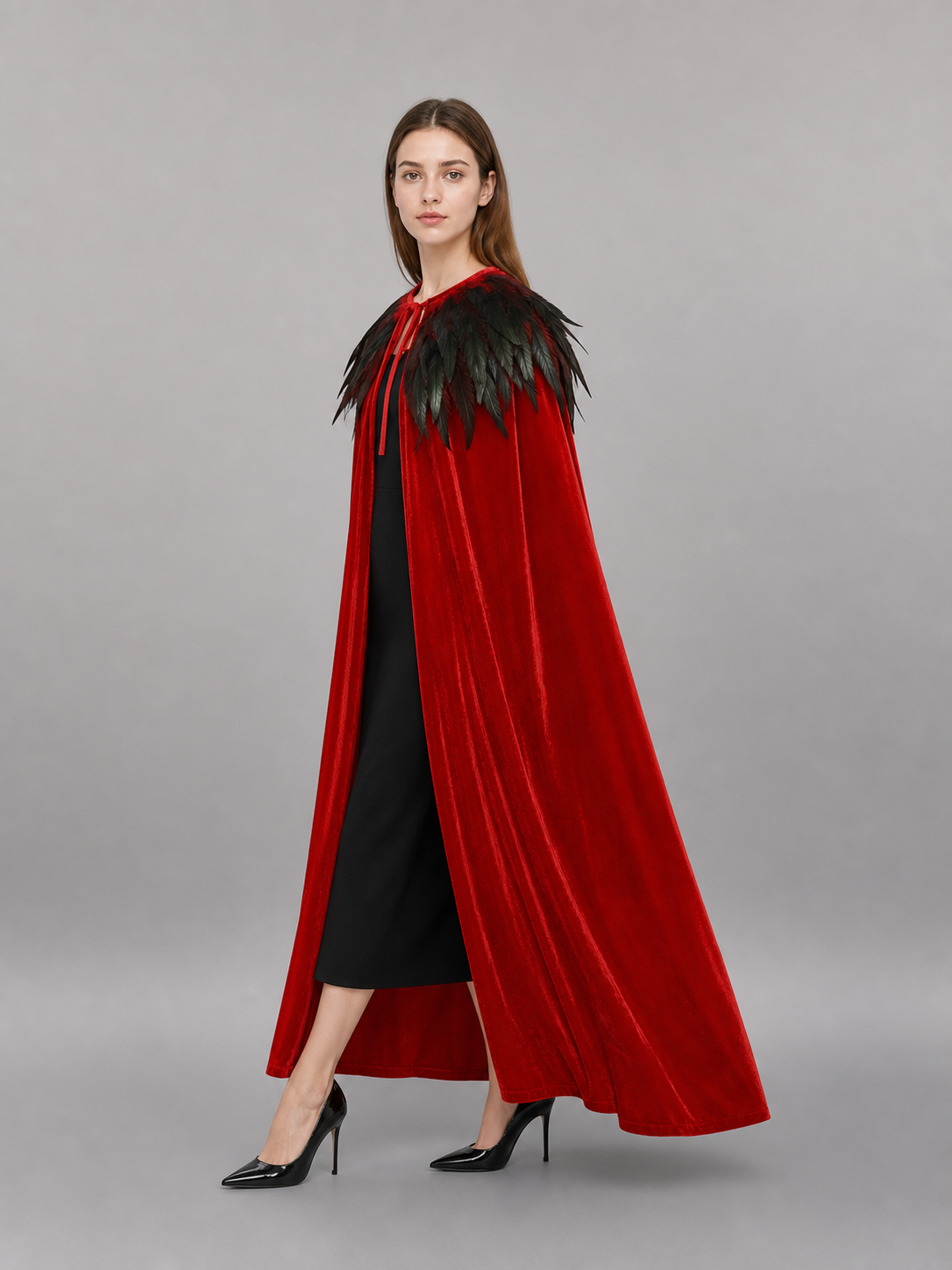 Red Velvet Cape with Feather Trim