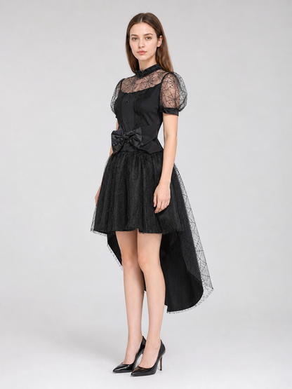 Black Witch Dress with Bow and Lace Insert