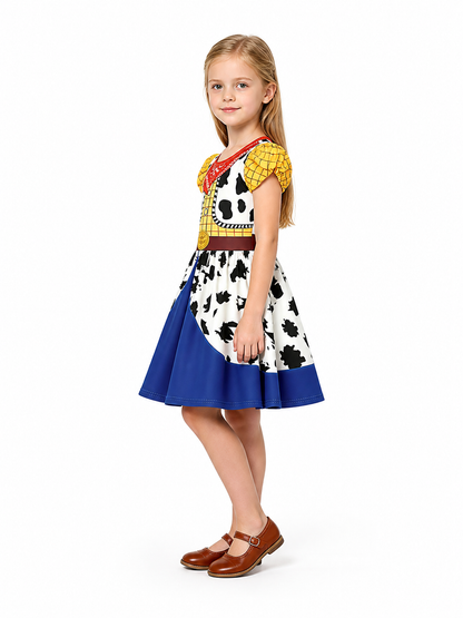 Woody children's dress with cow print and blue skirt side view