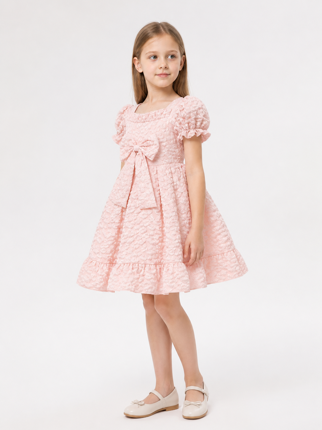 Pink Party Dress with Bow and Full Skirt side view