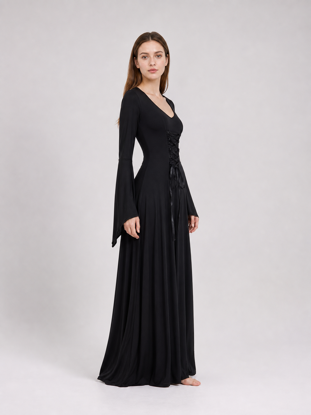 Long black dress with flared sleeves