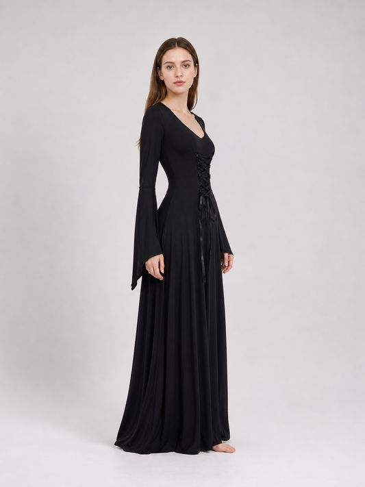 Long black dress with flared sleeves