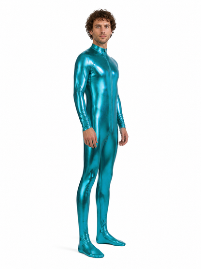 Glossy form-fitting jumpsuit with a zipper for the stage side view