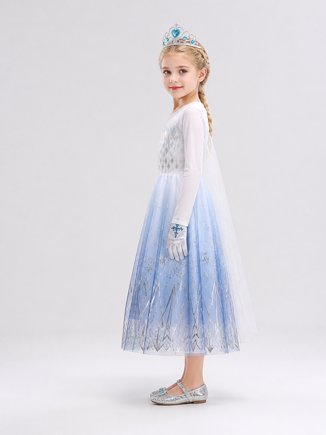 Elsa Costume with Snowflake Dress and Crown side view