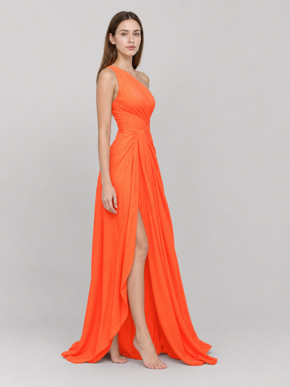 Asymmetrical One-Shoulder Maxi Dress, Orange
