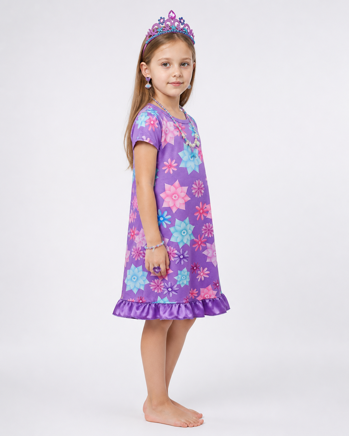 Purple Dress with Floral Print and Crown