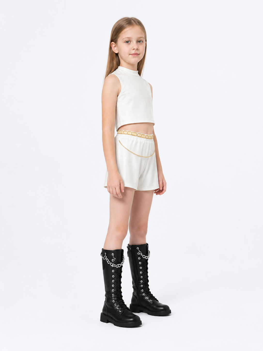 White Children's Set: Top and Shorts with Gold Waistband side view